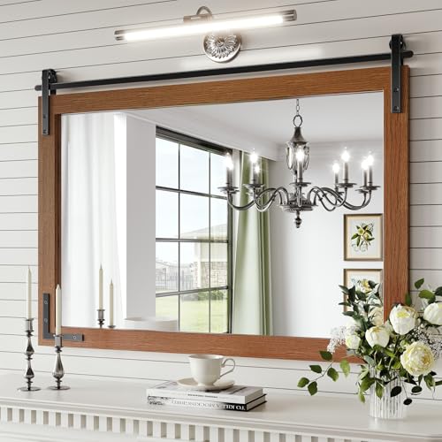 Farmhouse Mirror 40×30 Inch Brown Rustic Bathroom Mirror Vanity Wood Framed Rectangular Wall Decor Mirrors for Entryway Living Room Courtyard