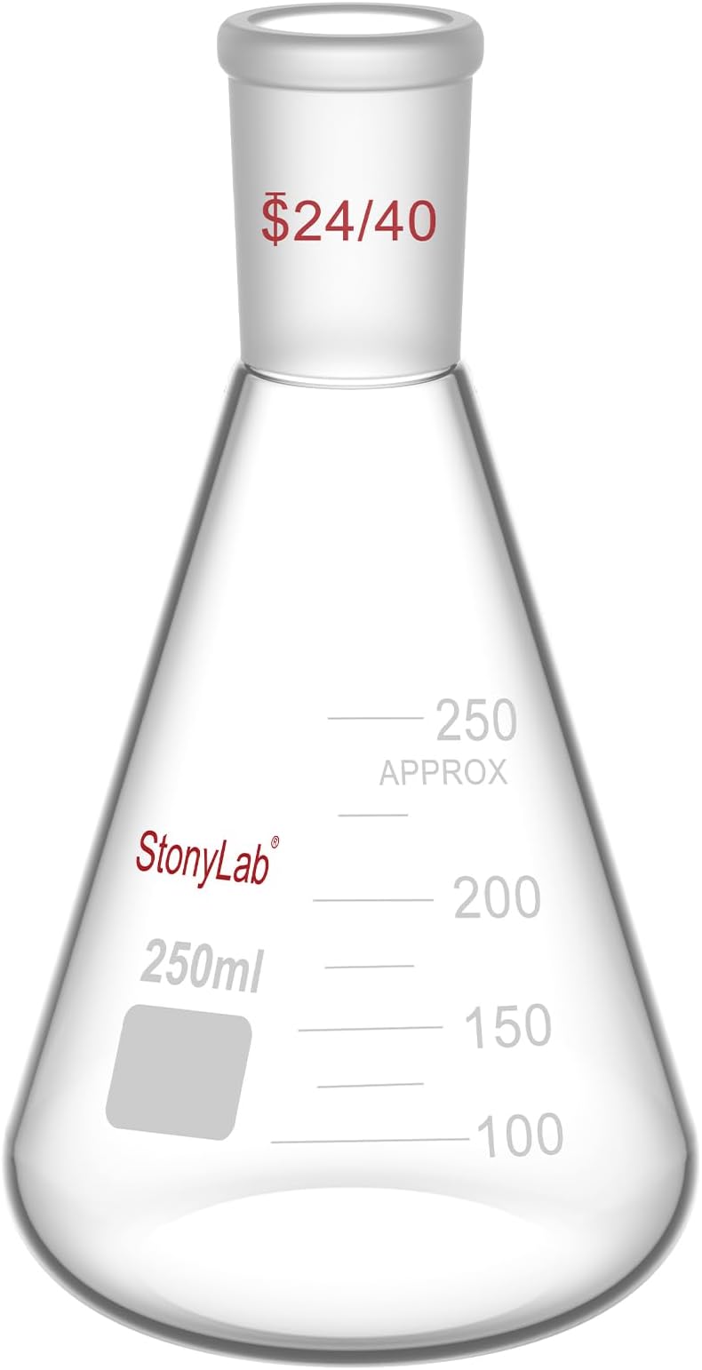 StonyLab Glass 24/40 Erlenmeyer Flask, Borosilicate Glass Heavy Wall Flask with 24/40 Standard Taper Outer Joint, 250ml