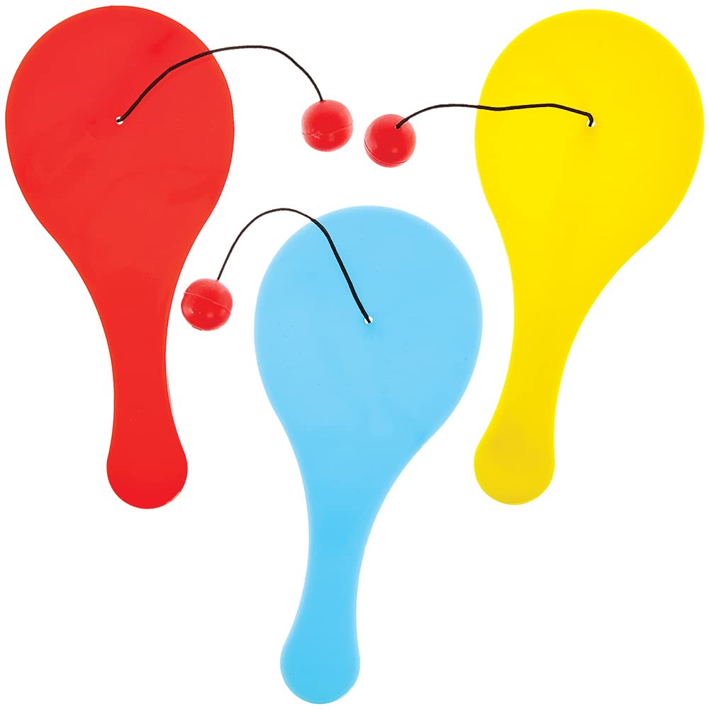 Baker Ross FX768 Rainbow Colours Paddle Ball Bats - Pack of 8, Party Bag Fillers for Kids