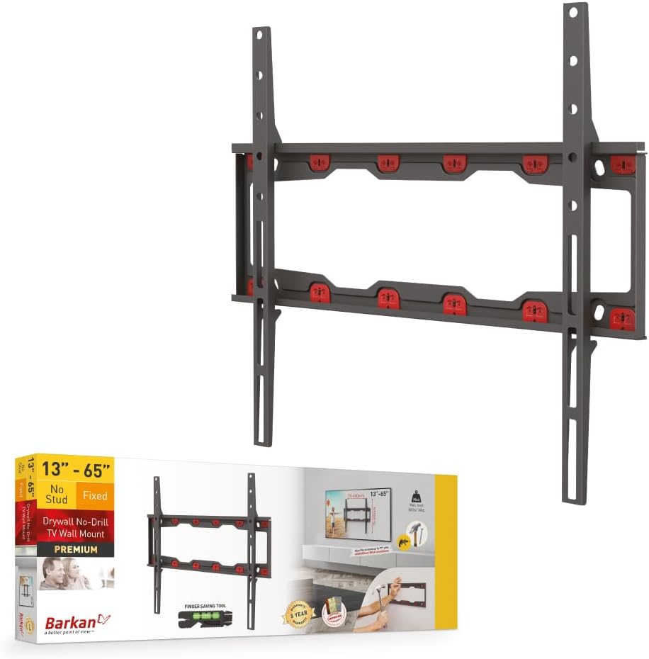 Barkan Drywall No-Drill Fixed TV Wall Mount, 19-65 Inch Size, Black