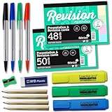 Essential Arts School Exam Study Revision Stationery Kit – White and Coloured Flash Cards, 4 x Coloured Ball Point Pens, 3 x Assorted Highlighters, 4 x Half Pencils, Sharpener and Eraser