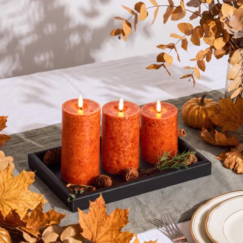 Image of Stmarry Mottled Orange Fall Flameless Candles with Remote and Timer, Real Wax Made LED Pillar Candles Battery Operated with 3D Flickering Flame - 3 inch x 4 inch,5 inch,6 inch - Set of 3 Fall Candles