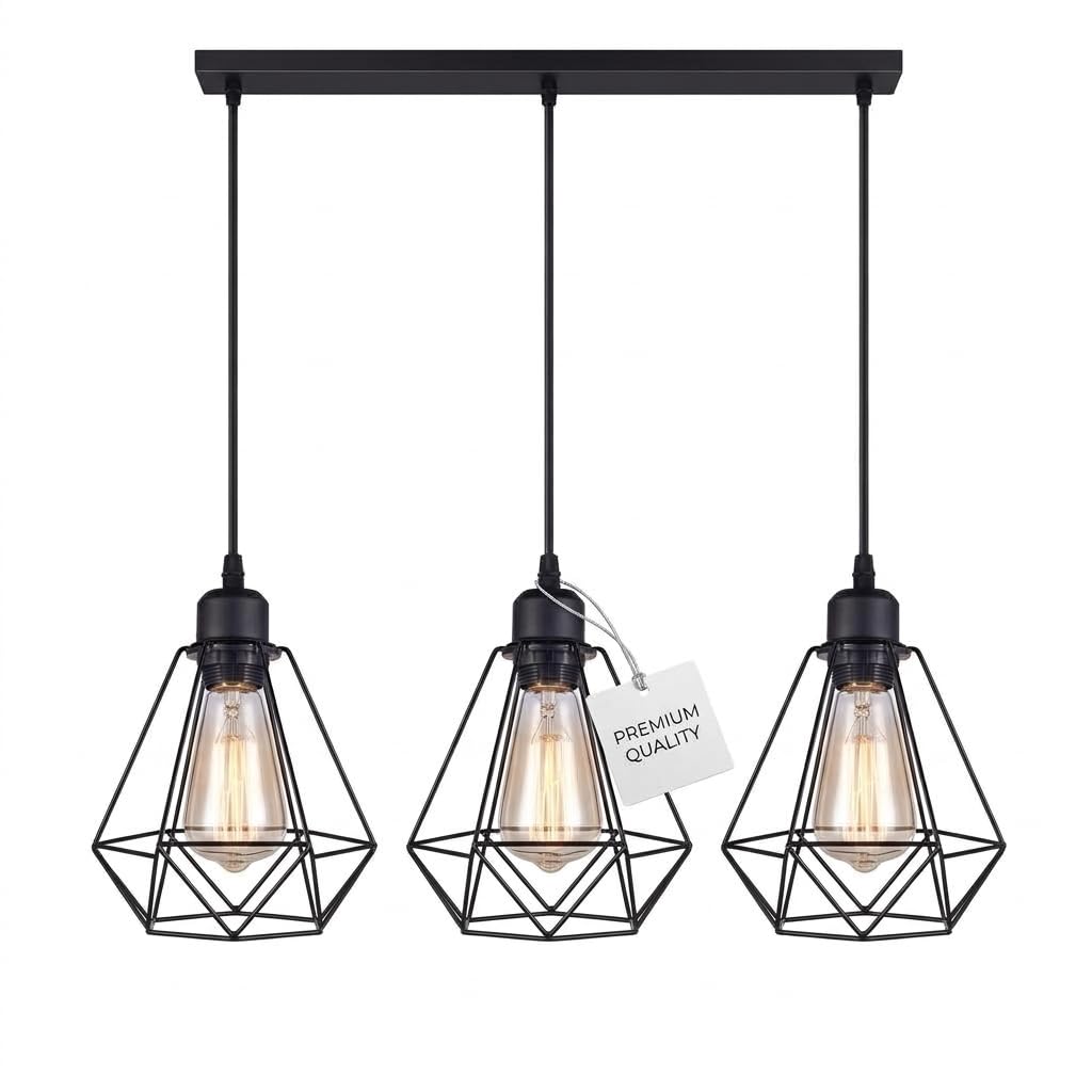 LEDSone Black Modern 3 Head Pendant Light, Vintage Ceiling Bar Light Fitting, Adjustable Hanging Rope Light, E27 Socket Industrial Chandelier Cage Lamp for Kitchen Dining Room Bar โ image 1