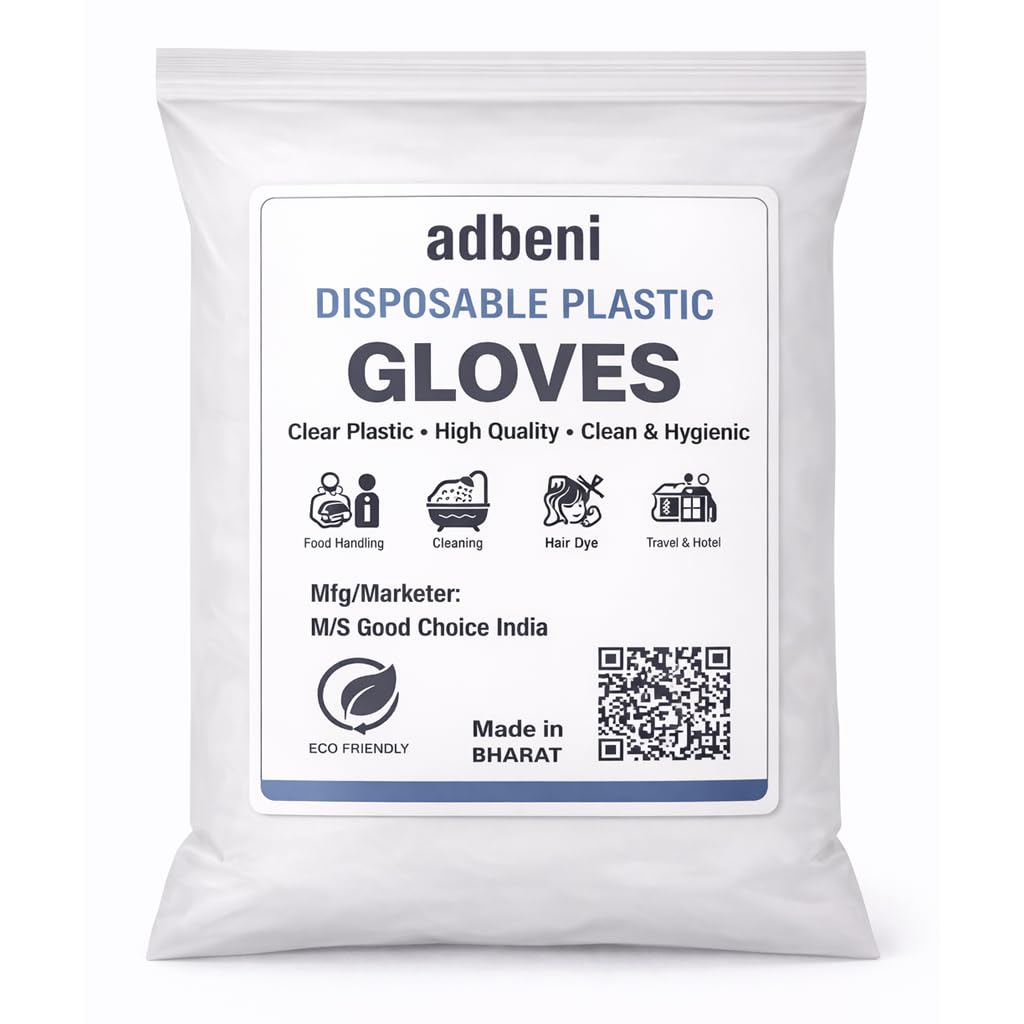 adbeni Disposable Hand Gloves | Transparent & Waterproof | Premium | Clear Plastic PE for Kitchen, Food Handling, Cleaning, Hair Dye, Salon, Multipurpose Use | Powder-Free | Pack of 500 Pcs