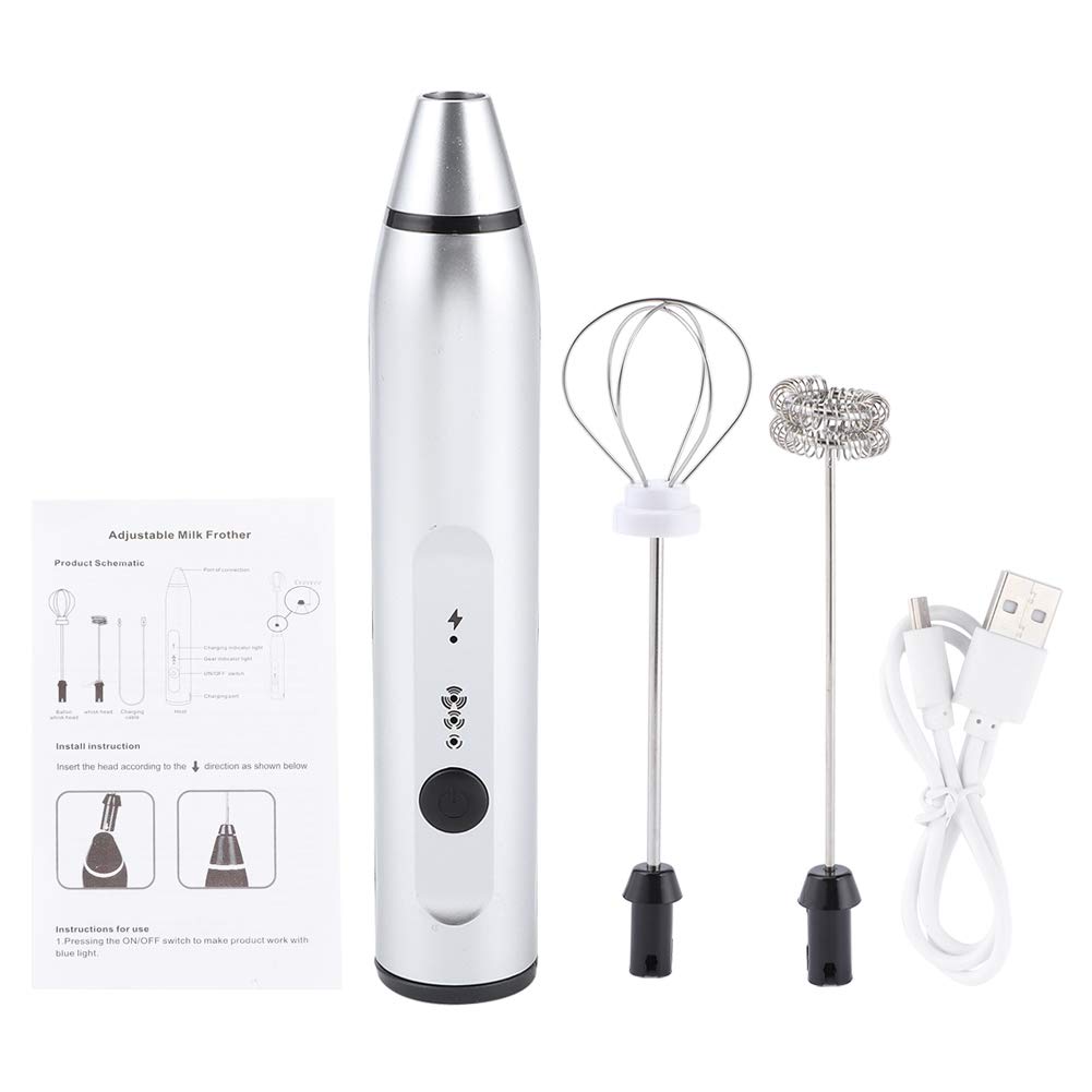 Gavigain Electric Whisk Milk Frother Wand for Coffee, Rechargeable, 3 Speeds, Silver