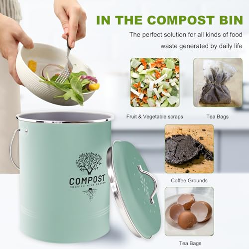 Image of Kitchen Countertop Compost Bin, Odor Resistant Indoor Compost Bin with Lid and Charcoal Filter, Rust Resistant Coated Compost Bucket, Compost Container, Mint
