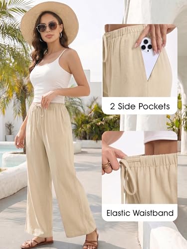 HONGTEYA Linen Pants for Women Wide Leg Palazzo Trousers Cotton Flowy Pants with Pockets for Summer Beach (US, Alpha, Medium, Regular, Regular, Medium Khaki) — view 4