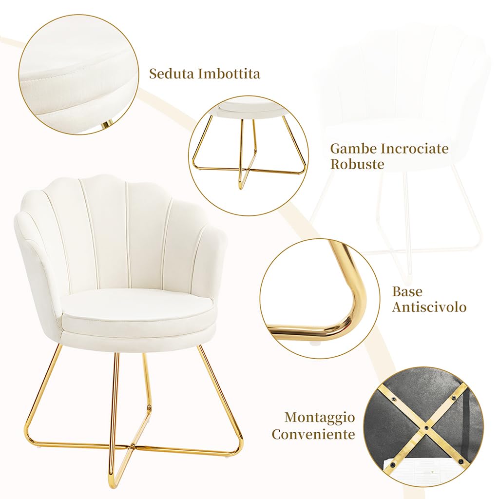 Hellove Sedia Trucco, Poltrona Conchiglia in Velluto con Placcato Oro Metallo Gambe, Moderno Poltrona Salotto con Seduta Morbida Imbottita per Camera da letto/Soggiorno/Vanità, Beige
