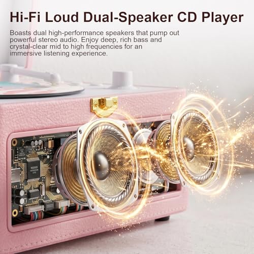 Image of Gueray Retro CD Player Portable Bluetooth: Vintage CD Players for Home with Speakers CD-Player 3600mAh Rechargeable & Radio & Remote Control Support USB /AUX Playback Headphone Jack (Pink)