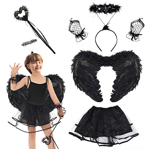 Hereneer Ailes d'anges Plumes, Ailes d'ange Costume de Fête Fancy Dress, Ailes d'ange en Plumes avec Halo, Baguette Magique, Dress et Gants, Ailes d'ange Noires de Carnaval/Cosplay