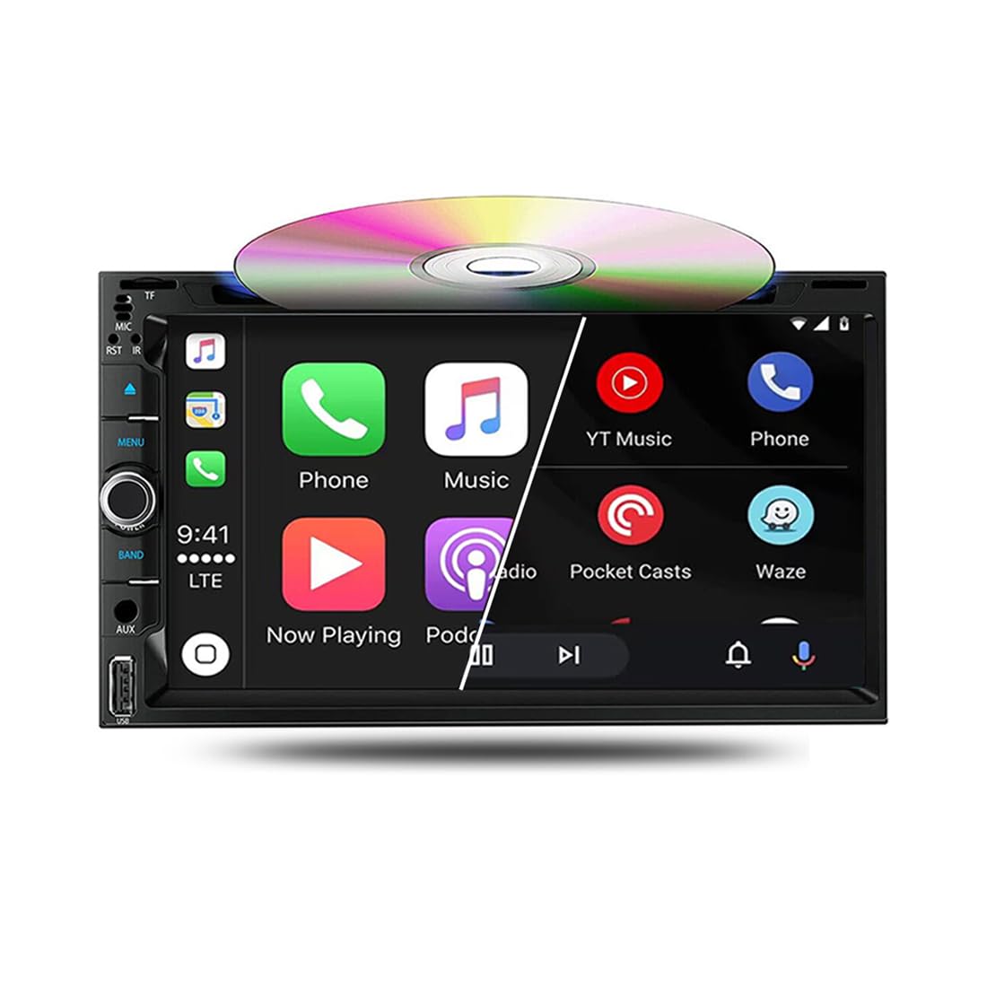 Stéréo de Voiture sans Fil CarPlay et Android Auto avec Lecteur CD/DVD, Écran Tactile Double Din de 6,95 Pouces Autoradio Prise en Charge du Lien Miroir Bluetooth AM/FM USB/TF/AUX