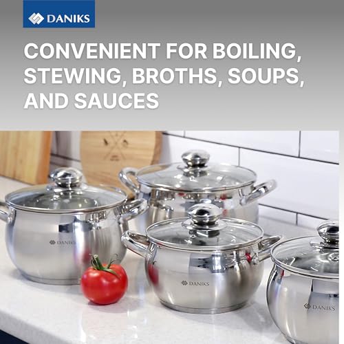 Image of Daniks Classic Stainless Steel Kitchen Induction Pot Cookware Set | 12-Piece | Dishwasher Safe Pots with Lid | Saucepan + Frying Pan + Pots | Measuring Scale | Silver