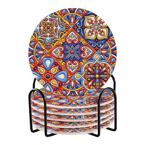 YETTASBIN Mexican Talavera 6 Pcs Drink Coasters with Holder, Cotton Woven Absorbent Heat-Resistant Round Coaster Non-Slip Table Mat for Kitchen Bar Home Decor Housewarming Gift, 3.9 in Cover
