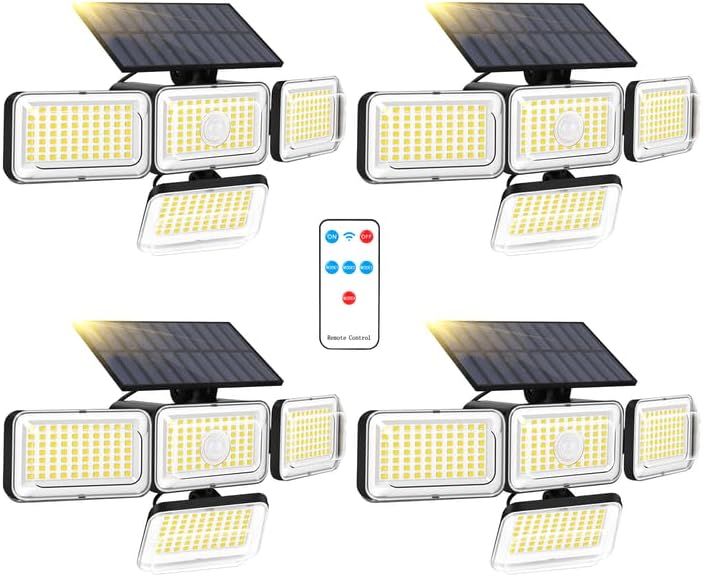 Mokot Luces solares para exteriores, 288 LED 2800LM con sensor de movimiento para exteriores con control remoto, 4 cabezales IP65, luces de
