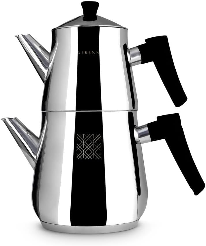 Serenk Stainless Steel 3 qt (101 fl oz) Turkish Tea Pot Sets With Two Lids And Non-Slip Black Bakelite Handles For All Stove Type, Turkish Tea Maker Two Pots With Termo Capsuled Induction Base