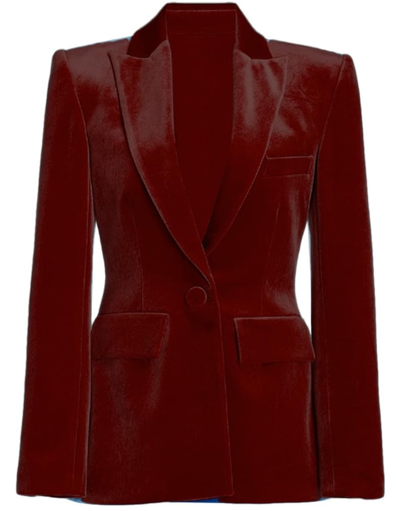 Womens Velvet Blazer Jacket Peak Lapel Business Suit Jacket Long Sleeves Prom Party Coat