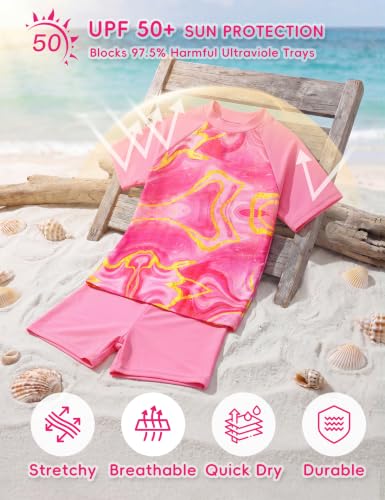 Image of Girls Swimsuit Colorful Short Sleeve Bathing Suits UPF 50+ Rash Guard Set Two Piece Summer Swimwear