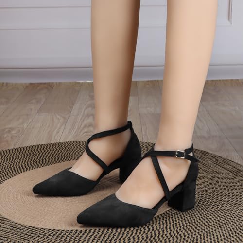 Cross Strappy Heels for Women Pointy Closed Toe Ankle Strap D'Orsay Pumps 2 Inch Low Chunky Block Heels Comfortable Suede Leather Dressy Formal Shoes Noiseless Sole Available3