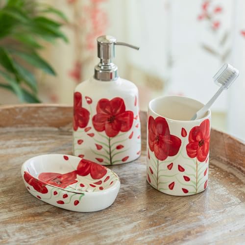 Image of ExclusiveLane 'Scarlet Bloom' Ceramic Soap Dispenser Set for Bathroom Wash Basin Bathroom Accessories Set of 3 (Liquid Soap Dispenser, Toothbrush Holder, Soap Tray Holder, Hand-Painted)