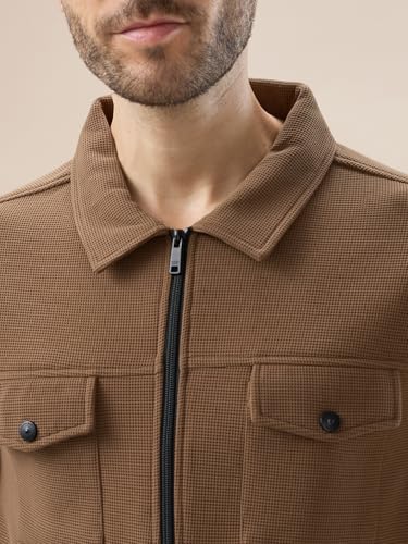 Image of Status Quo Men's Solid Textured Regular Fit Shacket with Zipper Clouser | 100% Polyester