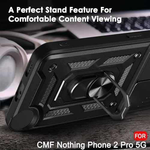 Image of TheGiftKart Tough Armor Bumper Back Cover Case for CMF by Nothing Phone 2 Pro 5G | Sliding Camera Cover, Kickstand & Ring Holder | 360 Protection Cover for Nothing CMF Phone 2 Pro (PC & TPU, Black)