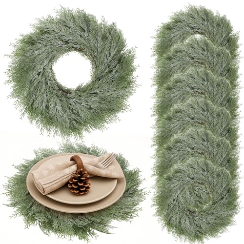 Christmas Placemats Set of 6 Round Greenery Place Mats Xmas Circular Artificial Wreath Dining Table Decor Winter Fake Plants Branches Mats for Kitchen Accessories(Powder Snow)