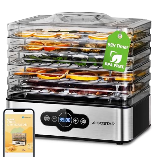 Deshidratador de Alimentos 240W Aigostar Crispy, Deshidratador con 5 Bandejas Altura Regulable, Pantalla LED, Temporizador 99H y Temperatura Ajustable, Deshidratadora de Frutas y Verduras, Sin BPA