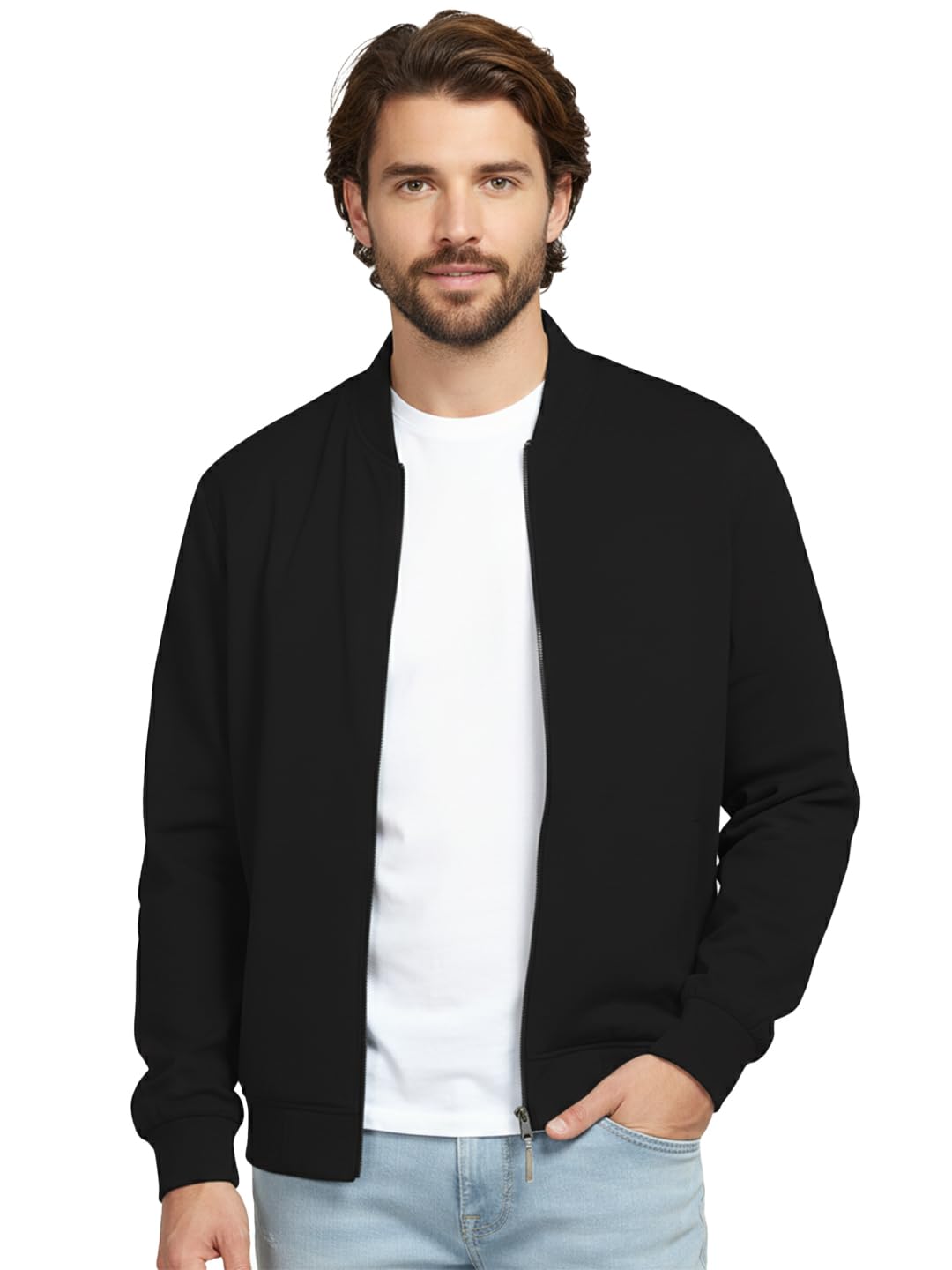 Men's Classic Bomber Jacket, Lightweight Zip-Up with Ribbed Cuffs & Collar Full Sleeve Stylish Streetwear Jacket for All Seasons (Colour: Black)-image-44