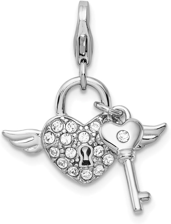 Amore La Vita Sterling Silver Rhodium-plated Polished Reversible Red Enameled Winged Heart and Key with Crystal From Charm with Fancy Lobster Clasp