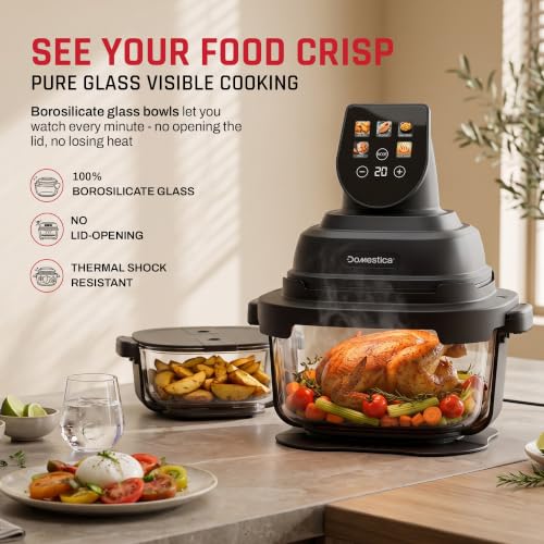 Image of Domestica Aerion Air Fryer | Pure Glass Visible Cooking | 4L + 1.5L Dual Bowl | 5 in 1 Airfry, Bake, Recrisp, Keep Warm | Dishwasher Safe | Soft Touch Button Controls | 1500W | 1 Yr Warranty