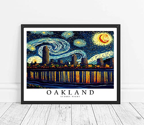 Oakland Unframed Art Print Poster, Van Gogh Starry Night Theme Wall art Painting Decor, Art Home Skyline Artwork For Bedroom, Bathroom, Living Room 51 (Oakland, 14"L x 11"W, Unframed)