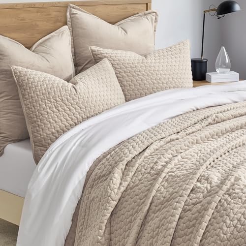 EverGrace Luxury Velvet Quilt Set King Size 3 Piece, Soft Cross-Stitch Velvet Comforter Set with Pillow Shams, Lightweight Coverlet Bedspread Bedding Set for All Seasons, Light Taupe - Image 7