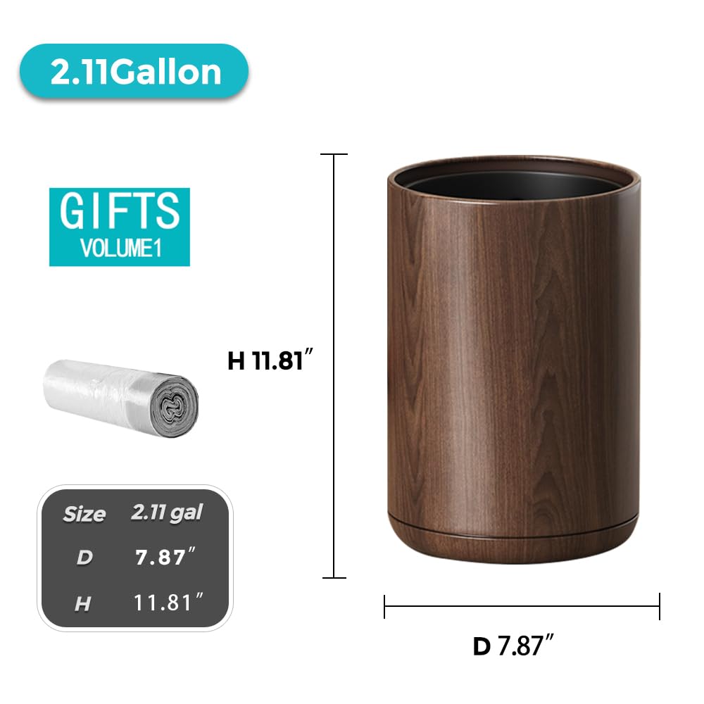 2.1 Gallon Metal Imitation Wood Grain Bathroom Trash Can, Modern, Open Top Wastebasket, Small Garbage Can for Under Desk Kitchen Home Office Bedroom (Round)