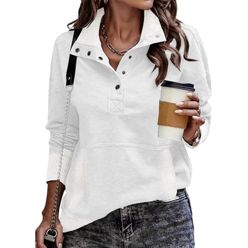 SHEWIN Women's Casual Long Sleeve Stand Neck Sweatshirt Lightweight Button Drawstring Pullover Tops