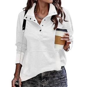 SHEWIN Women’s Casual Long Sleeve Stand Neck Sweatshirt Lightweight Button Drawstring Pullover Tops