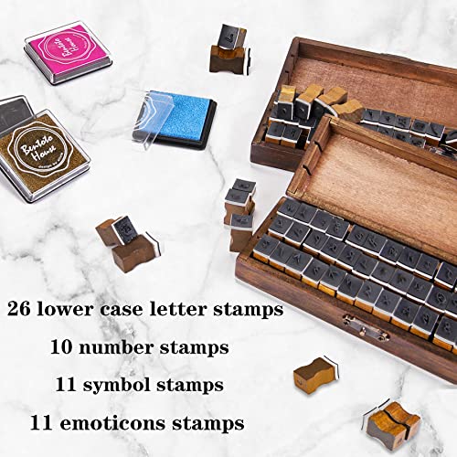 Rancco Alphabet Stamps For Crafts W/ 4 Ink Pad, 84 Pc Vintage Wooden Rubber Stamps W/Storage Box, 2 Set Mini Handwriting Number, Symbol & Letter Stamps For Gift Card Making, Diy Scrapbook, Clay Craft #TOP3