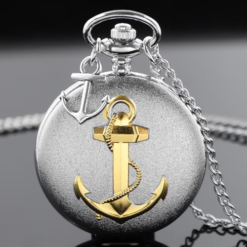 Image of Tiong Pocket Watch Anchor Pattern Design Roman Numerals Quartz with Chain Birthday Gifts