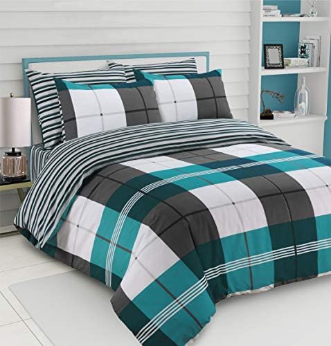 CnA Stores - Harrison Check Grey Teal Duvet Cover & Pillowcase Reversible Bedding Set Easy Care - King Size