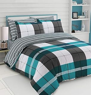 CnA Stores - Harrison Check Grey Teal Duvet Cover & Pillowcase Reversible Bedding Set Easy Care - King Size