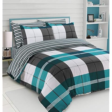 CnA Stores - Harrison Check Grey Teal Duvet Cover & Pillowcase Reversible Bedding Set Easy Care - Double Cover
