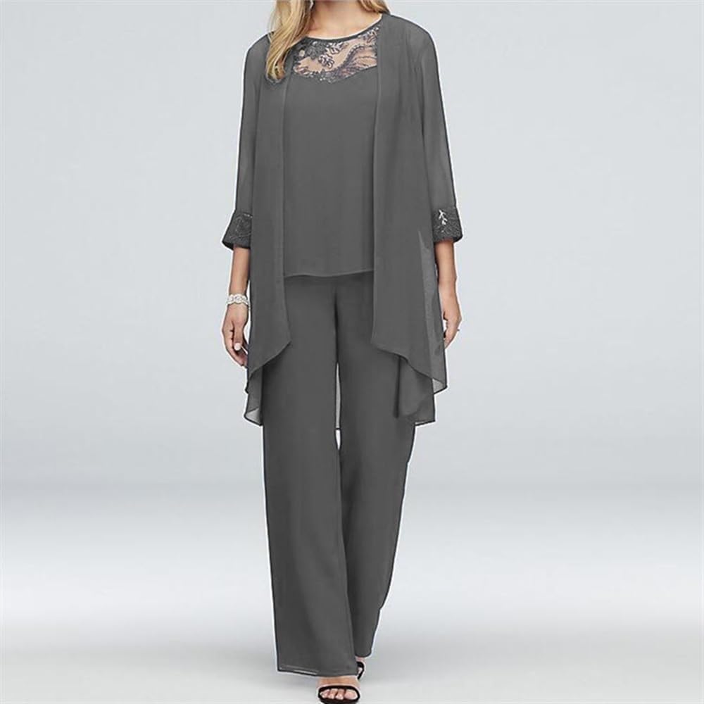 3 点衣装花嫁の母のドレスパンツスーツカーディガンシフォンフォーマルエレガントなセット女性の結婚式のゲスト (Color : Gra