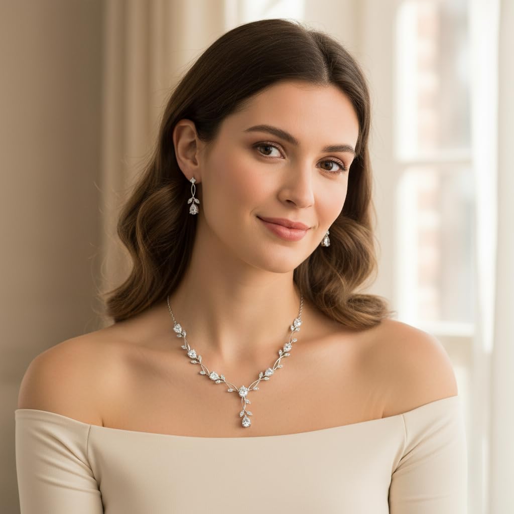 EVER FAITH Hochzeit Schmuckset für Braut Brautjungfer Teardrop Cubic Zirkonia Blatt Rebe Braut Prom Halskette baumeln Ohrringe Armband Set für Damen