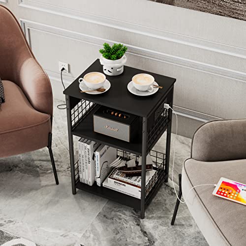 Ldttcuk Side Table With Charging Station & Usb Ports,3-Tier End Table For Living Room,Study,Bedroom,Narrow Sofa Table Bedside Table With Storage Shelf,Black Small Nightstand #TOP7