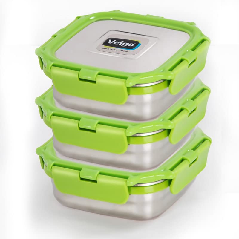 Veigo Stainless Steel Medium Snack Box Set of 3( 330 ml + 330 ml+ 330 ml)with Insulated Pouch | Airtight & Leakproof| Freezer & Dishwasher Safe| Snacks Box For School|Silicone Ring|Safe Lid Lock|Green 4