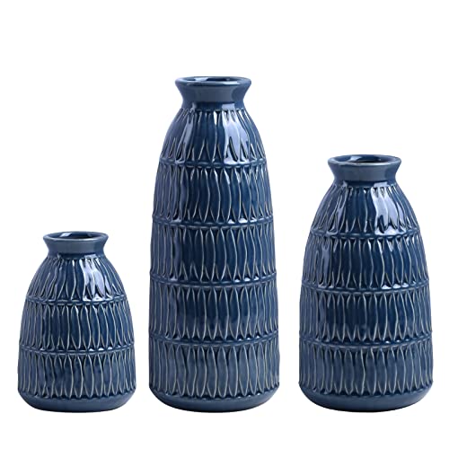 Yundu Navy Blue Ceramic Flower Vases for Home Decor Set of 3 Living Room Decor Modern Farmhouse and Neutral Home Decor Pmpas Grass Vase Shelf Mantle Centerpieces Minimalist Decor