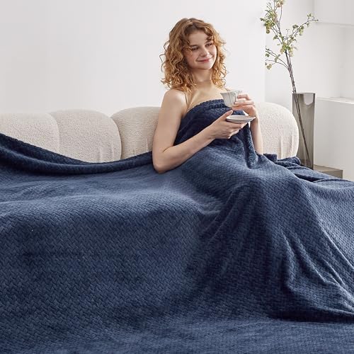 Oversized King Fleece Blanket 120x120 Inches, Seamless Soft Cozy 3D Jacquard Flannel Blanket 10'x10' Extra Large for Bed, Sofa, Couch, Travel & Camping, California King Throw, Navy Blue Leaf