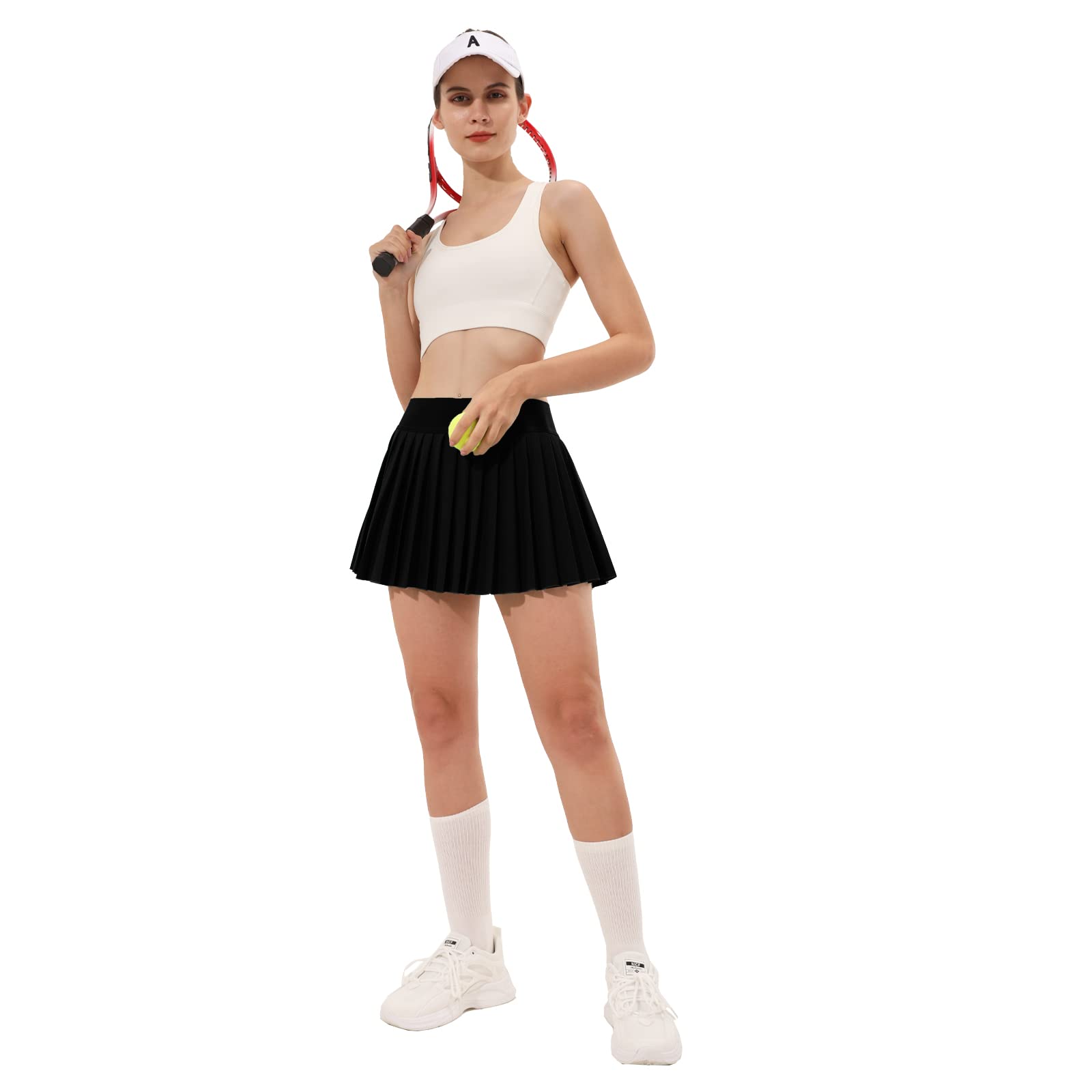 Falda de tenis plisada para mujer, pantalones cortos integrados, faldas atléticas de cintura alta, con bolsillos, holgada, casual, Negro -, Large