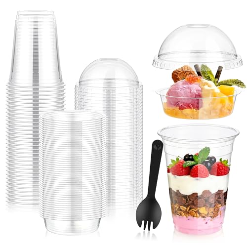 DI QIU REN 50pcs 12oz Clear Parfait Plastic Cups with Dome Lids & Spoons