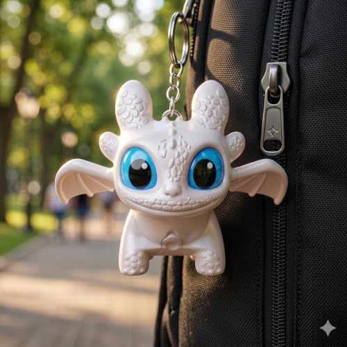 Image of DEVAR Dragon Keychain Toy with LED Light & Moving Wings, Night Fury Glowing Dragon Keychain | Mini Fantasy Figure Creature Charm for Car Dashboard, Bike Key, Backpack Bag Accessory & Kids Gift (White)