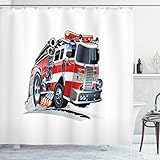 ABAKUHAUS LKW Duschvorhang, Feuerwehr LKW, Stoffliches Gewebe Badezimmerdekorationsset mit Haken, 175 x 220 cm, Babyblau Scharlachrot